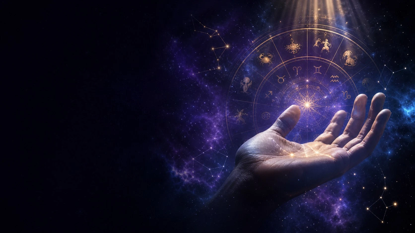 Glowing spiritual palm with a zodiac wheel in a purple cosmic sky