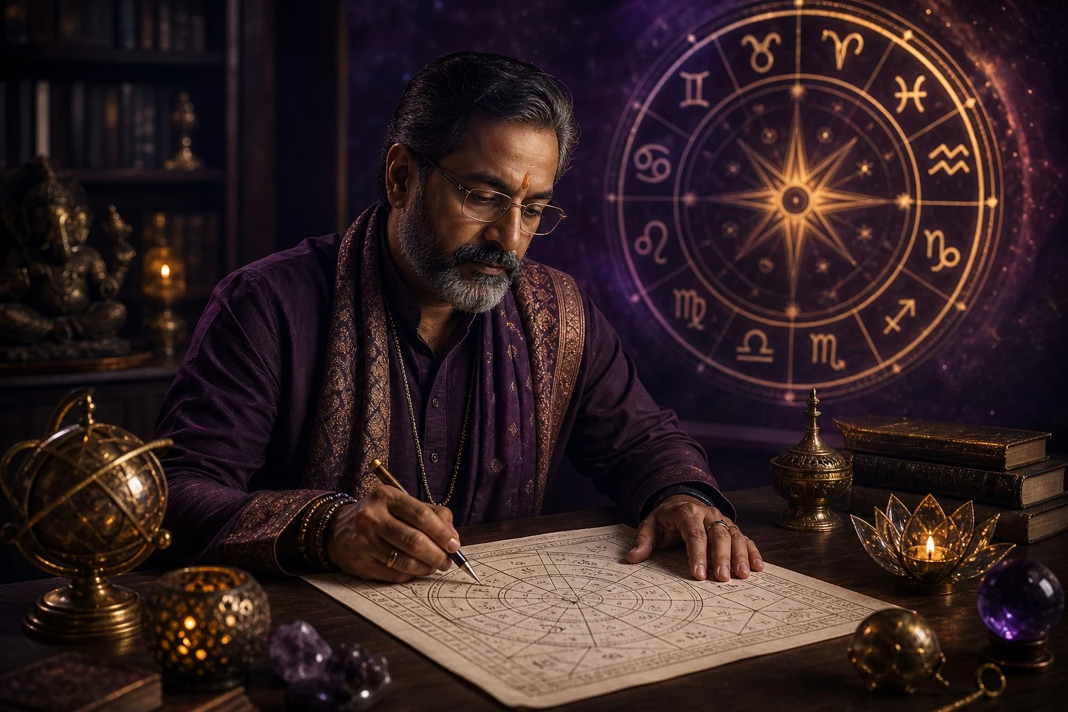 Astrologer studying a birth chart beside a glowing zodiac wheel