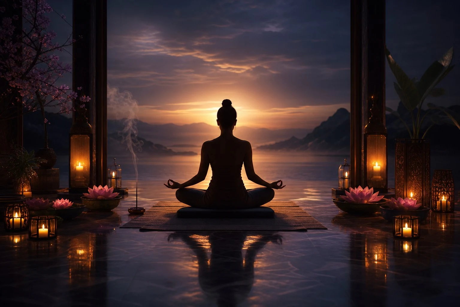 Peaceful meditation setting with candles, lotus flowers and incense