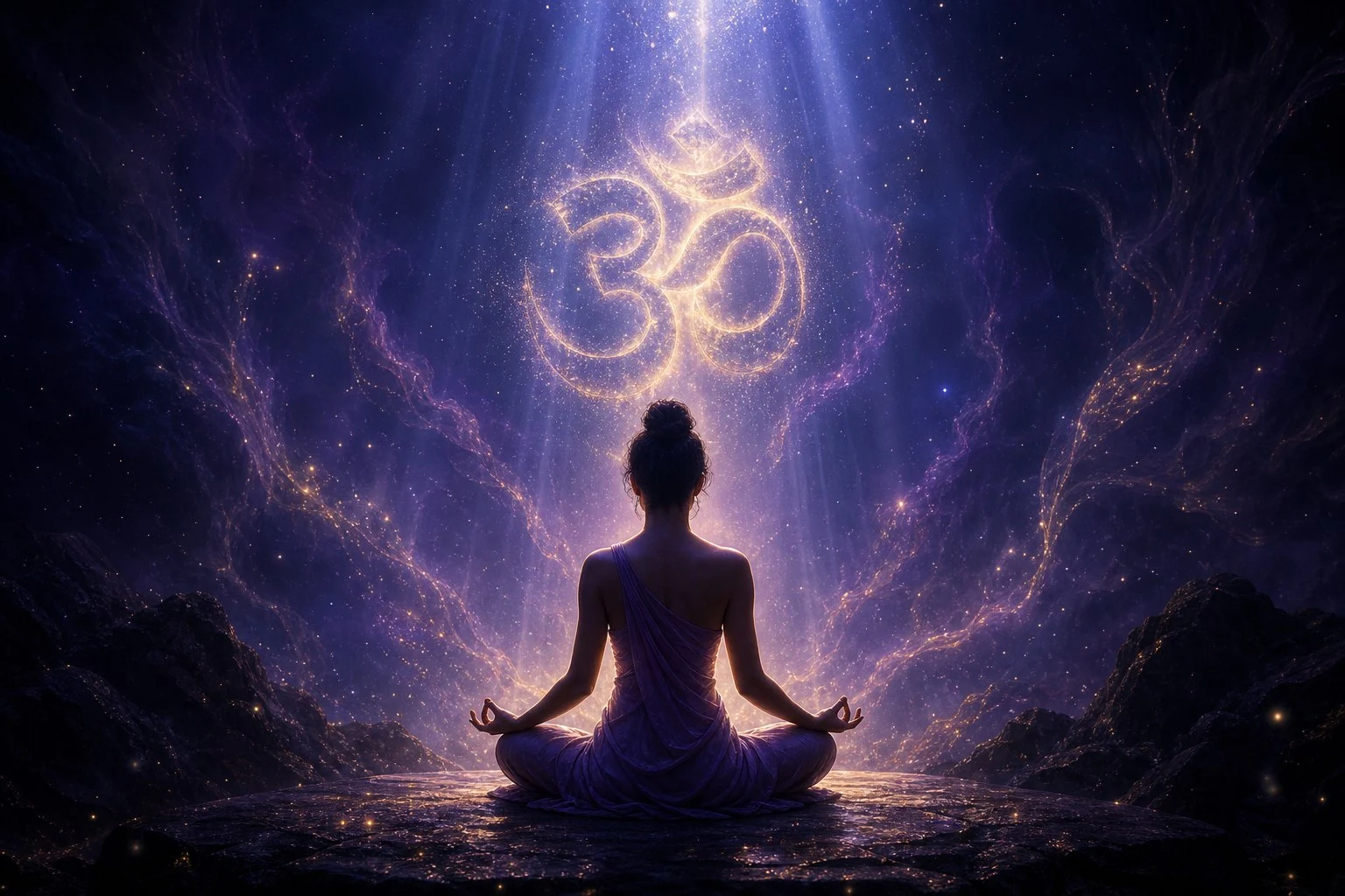 Serene meditation beneath divine light and a luminous Om symbol
